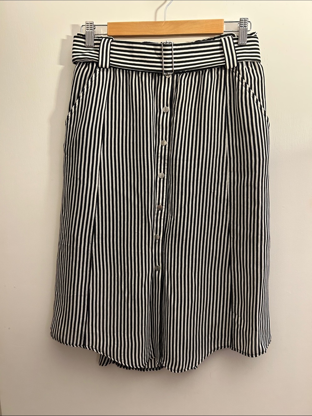 A.L.C. Black & White Striped Belted Midi Skirt
